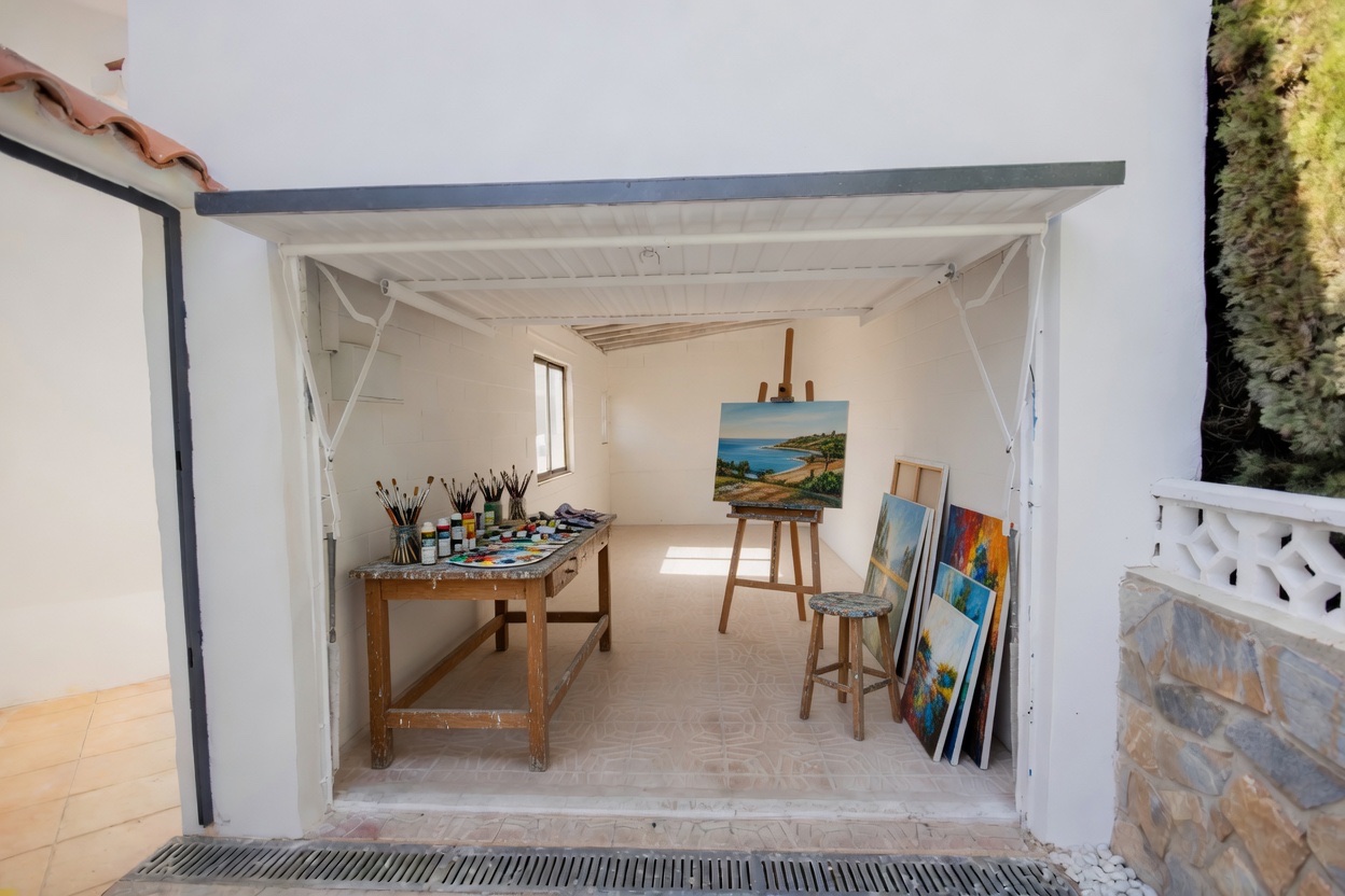 The same garage furnished as a quiet artist studio