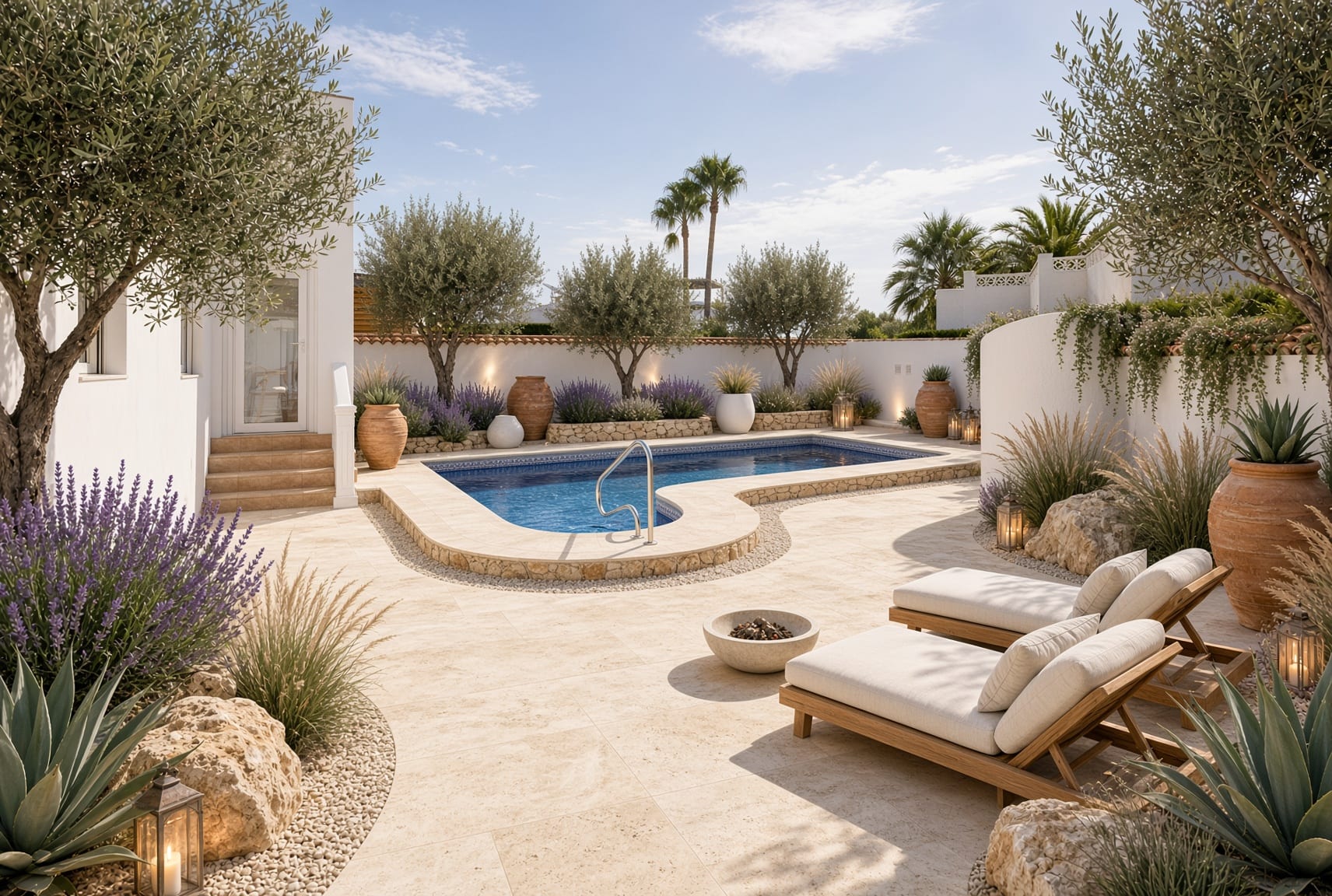 Private pool surrounded by olive trees, lavender, ornamental grasses, stone paving and loungers in a Mediterranean garden